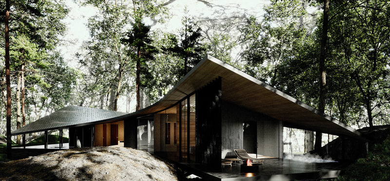 Press kit | 7709-01 - Press release | Forest Within – A Retreat in Kitakaruizawa - inspatia - Residential Architecture - Exterior view showing the building’s fluidic form nestled in nature. - Photo credit: inspatia