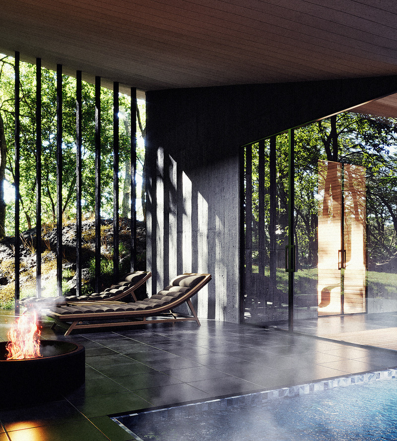 Press kit | 7709-01 - Press release | Forest Within – A Retreat in Kitakaruizawa - inspatia - Residential Architecture - Open air bath with firepit overlooking the woodland terrain. - Photo credit: inspatia