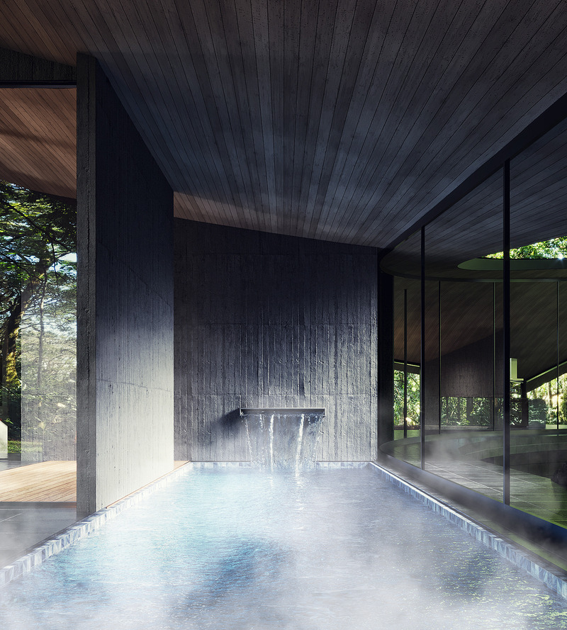 Press kit | 7709-01 - Press release | Forest Within – A Retreat in Kitakaruizawa - inspatia - Residential Architecture - Pool area defined by warm steam and tactile concrete surfaces. - Photo credit: inspatia