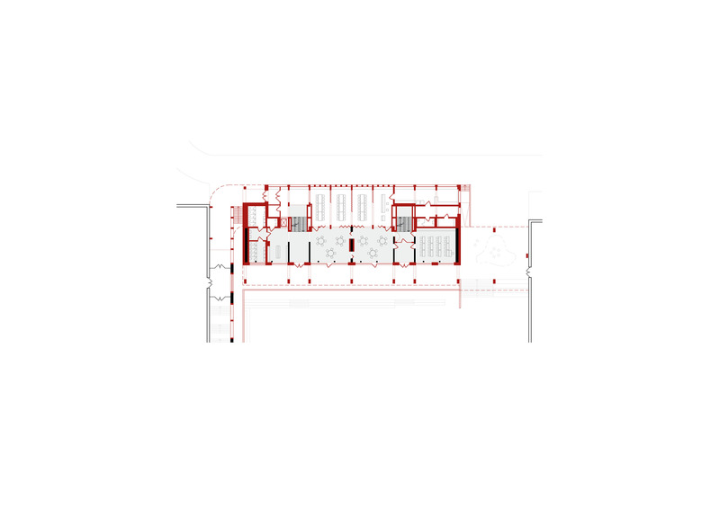 Dossier de presse | 7737-01 - Communiqué de presse | School Center of Davos Platz - CURA Architekten - Architecture institutionnelle - Groundfloor (existing=black / new = red) - Crédit photo : CURA Architekten