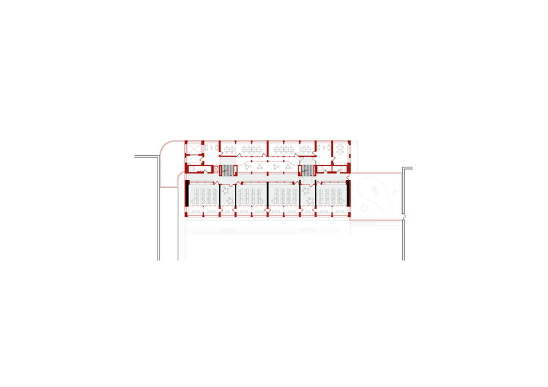 Dossier de presse | 7737-01 - Communiqué de presse | School Center of Davos Platz - CURA Architekten - Architecture institutionnelle - 1st Floor (existing=black / new = red) - Crédit photo : CURA Architekten