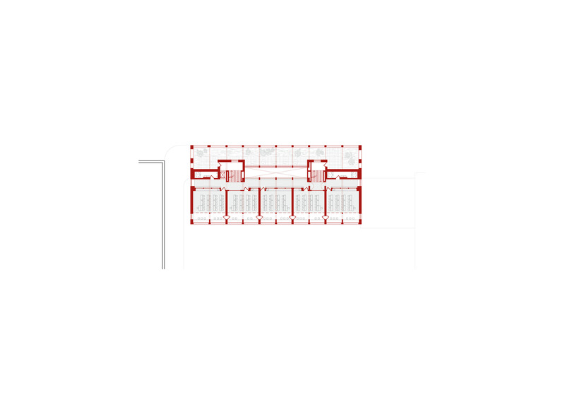 Dossier de presse | 7737-01 - Communiqué de presse | School Center of Davos Platz - CURA Architekten - Architecture institutionnelle - 3rd Floor (existing=black / new = red) - Crédit photo : CURA Architekten