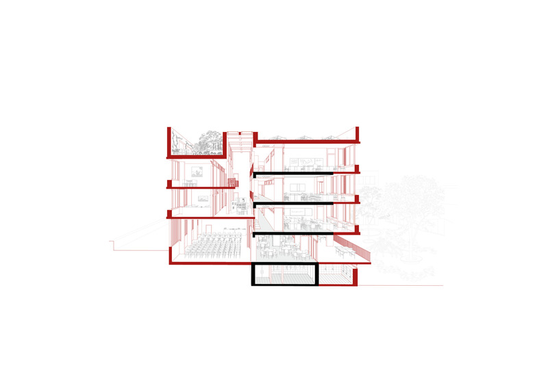 Dossier de presse | 7737-01 - Communiqué de presse | School Center of Davos Platz - CURA Architekten - Architecture institutionnelle - 3D Section (existing=black / new = red) - Crédit photo : CURA Architekten