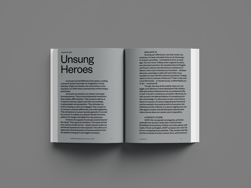 Press kit | 1317-28 - Press release | Opposites Attract: ACDF au fil des contrastes — A Vivid Dive into the DNA of a Quebec Studio with International Reach - ACDF Architecture - Edition - Photo of a double-page spread - Photo credit: FRAME 