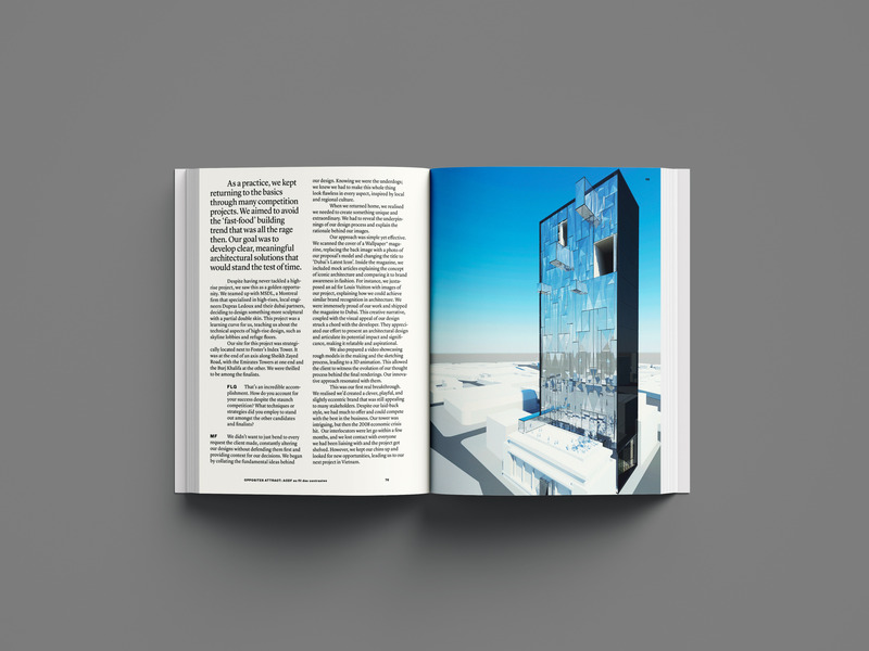 Press kit | 1317-28 - Press release | Opposites Attract: ACDF au fil des contrastes — A Vivid Dive into the DNA of a Quebec Studio with International Reach - ACDF Architecture - Edition - Photo of a double-page spread -  Jewellery Bank tower, Ho Chi Minh Vietnam - Photo credit: FRAME