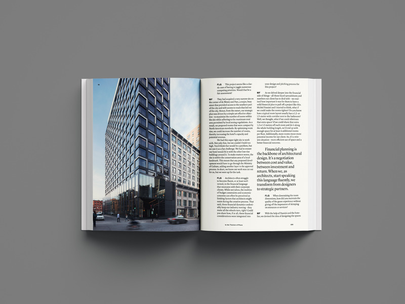 Press kit | 1317-28 - Press release | Opposites Attract: ACDF au fil des contrastes — A Vivid Dive into the DNA of a Quebec Studio with International Reach - ACDF Architecture - Edition - Photo of a double-page spread - Monville Hotel, Montreal - Photo credit: FRAME - Adrien Williams (project)