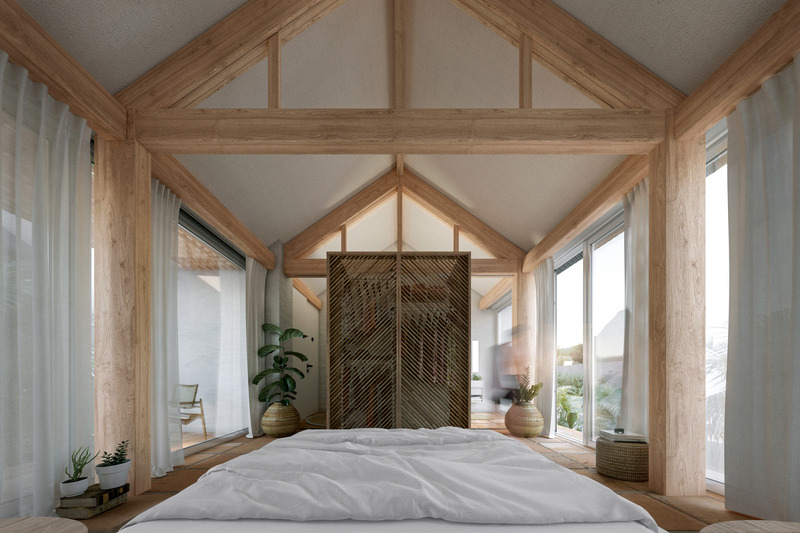 Dossier de presse | 7723-01 - Communiqué de presse | From Salzburg to Cape Town: SKREINSTUDIOS Redefines Sustainable Architecture - SKREINSTUDIOS SL - Architecture commerciale - Bedroom CGI - Crédit photo : Mangoshake 