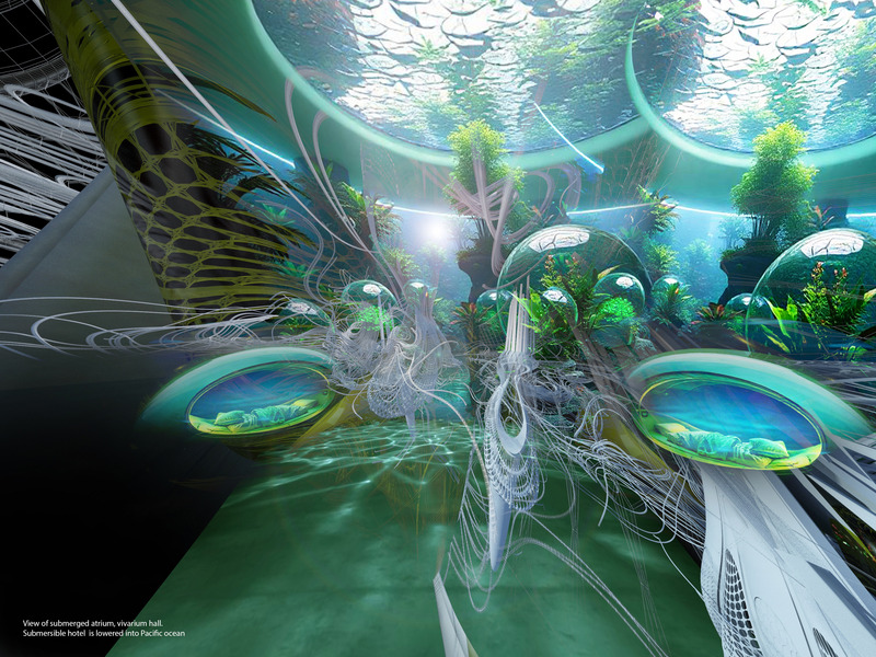 Press kit | 2121-22 - Press release | Tsunami Submersible Emergency Hotel - Margot Krasojević Architecture - Commercial Architecture - Hyperbaric chambers and vivariums located in hotel atrium - Photo credit: Margot Krasojević