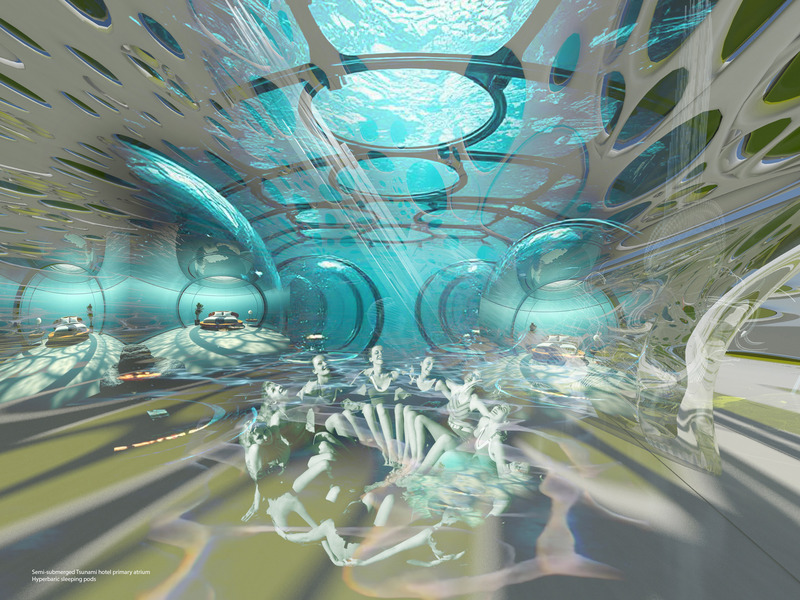 Press kit | 2121-22 - Press release | Tsunami Submersible Emergency Hotel - Margot Krasojević Architecture - Commercial Architecture - Tsunami emergency hotel main atrium with hotel rooms and public atrium space - Photo credit: Margot Krasojević