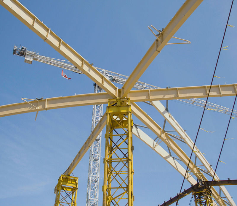 Dossier de presse | 2197-02 - Communiqué de presse | PNE Amphitheatre / Freedom Mobile Arch - Revery Architecture - Architecture commerciale - Central intersection of primary steel and wood members - Crédit photo : Site Partners