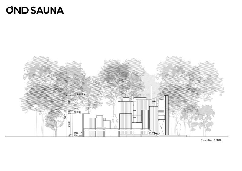 Dossier de presse | 7725-01 - Communiqué de presse | OND SAUNA a remporté le prix Architizer A+Awards 2025 - AMANE ARCHI - Architecture commerciale - <p>Élévation</p> - Crédit photo : Taro SHIMOKAWA