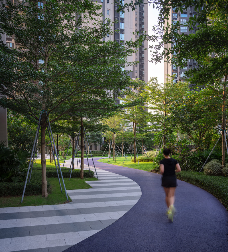 Dossier de presse | 5086-04 - Communiqué de presse | Les Résidences Buji par BAM : couleurs vives - Ballistic Architecture Machine - Architecture de paysage - <p>Joggeur sur la piste violette courbée des Résidences Buji, où des rayures de pavage nettes jouxtent le bosquet d’amandiers de Madagascar sous les tours.</p> - Crédit photo : Wu Qingshan