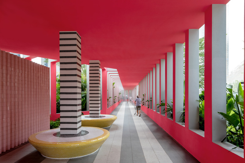 Dossier de presse | 5086-04 - Communiqué de presse | Les Résidences Buji par BAM : couleurs vives - Ballistic Architecture Machine - Architecture de paysage - <p>Intérieur rose vif de la colonnade paysagère des Résidences Buji, avec des colonnes à rayures noires et blanches reposant sur des bancs en mosaïque jaune, entouré de plantations luxuriantes.</p> - Crédit photo : Wu Qingshan