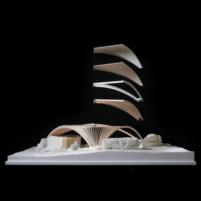 Dossier de presse | 2197-02 - Communiqué de presse | PNE Amphitheatre / Freedom Mobile Arch - Revery Architecture - Architecture commerciale - 1:200 model - abstracted roof structure - Crédit photo : Revery