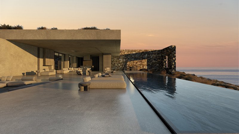 Dossier de presse | 7735-01 - Communiqué de presse | « Horizon House » - ONUS Architecture Studio - Architecture résidentielle - Au coucher du soleil, la géométrie de la maison se reflète sur l’eau, accentuant son lien avec la topographie. - Crédit photo : ONUS Architecture Studio