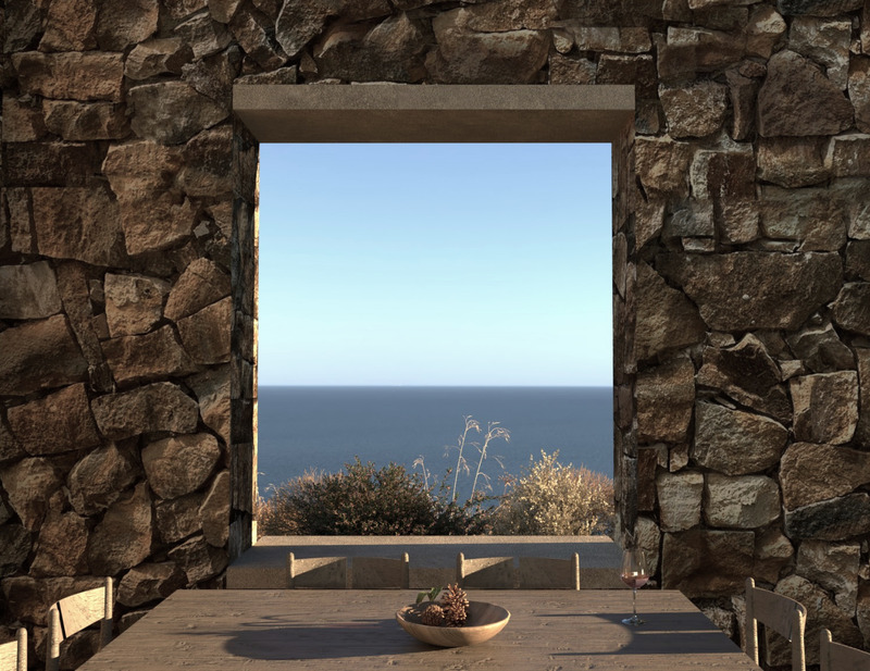 Dossier de presse | 7735-01 - Communiqué de presse | « Horizon House » - ONUS Architecture Studio - Architecture résidentielle - Un mur en pierre massive encadre une vue paisible sur l’Égée, évoquant l’architecture vernaculaire des Cyclades. - Crédit photo : ONUS Architecture Studio