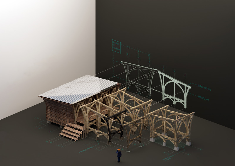 Press kit | 7035-02 - Press release | Bamboo Housing Resists 7.7 Earthquake in Conflict-Torn Myanmar, Built for Displaced Families - Blue Temple - Institutional Architecture - Documentation of bamboo structural assembly process, highlighting bundled bamboo joints and sequencing. - Photo credit: Nyan Lin Aung