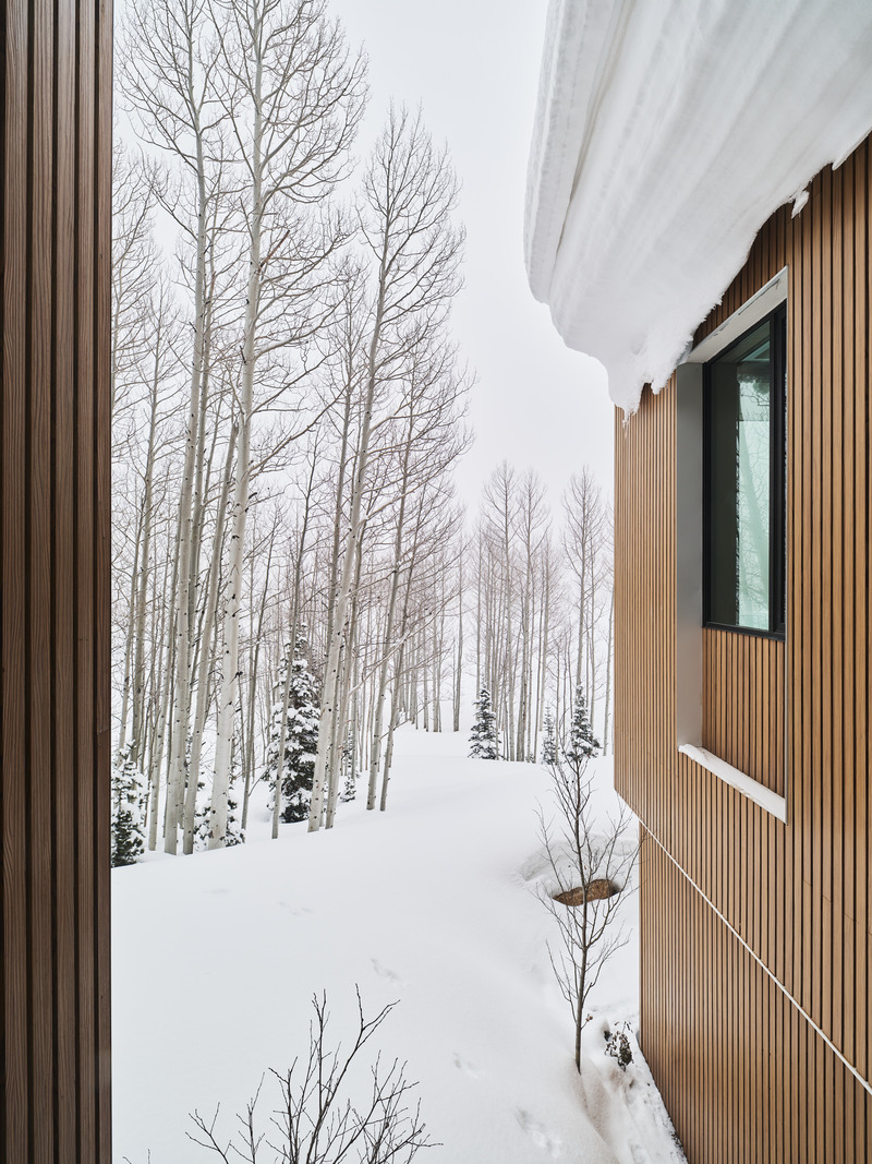 Dossier de presse | 2757-57 - Communiqué de presse | Sparano + Mooney Architecture Create a Serene Mountain Retreat - Sparano + Mooney Architecture - Architecture résidentielle - The thermally-modified ReSawn Timber radiata pine exterior honors the forested landscape, while board-formed concrete accents the cladding. - Crédit photo : Photography by Joe Fletcher