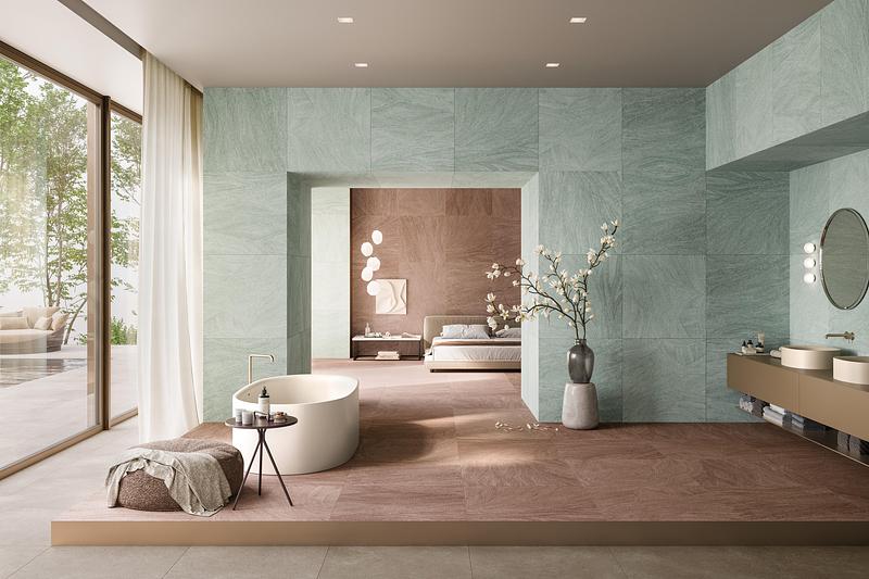 Press kit | 1177-16 - Press release | Ink - Ceramiche Refin - Product - Ink by Ceramiche Refin, in the Earthy (floor and background wall) and Quiet (wall) shades - Photo credit: Courtesy Ceramiche Refin