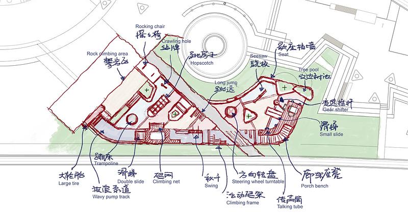 Press kit | 7020-04 - Press release | Old Beijing Bus: The Public Children's Space with a Bus Theme on the Streets of Changping - XISUI Design - Landscape Architecture - Conceptual sketch plan of the children's playground area<br> - Photo credit: XISUI Design