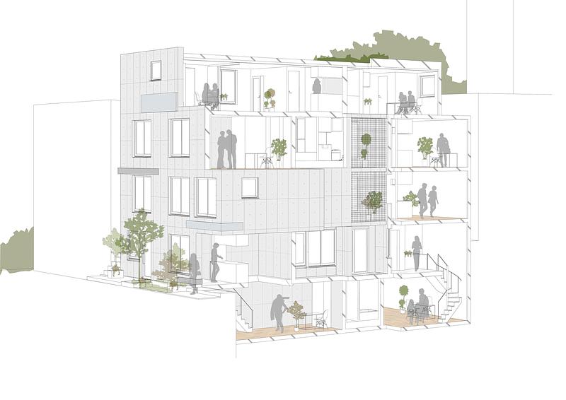 Dossier de presse | 3153-05 - Communiqué de presse | Ryuichi Sasaki Architecture crée Escenario Meguro Hanabusayama, une œuvre qui allie habitat urbain et forme naturelle - Ryuichi Sasaki Architecture - Architecture résidentielle - <font dir="auto" style="vertical-align: inherit;"><font dir="auto" style="vertical-align: inherit;"> SECTION PERSPECTIVE</font></font> - Crédit photo : Ryuichi Sasaki Architecture