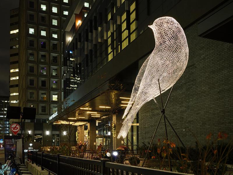 Dossier de presse | 583-26 - Communiqué de presse | Montréal s’illumine : LUMINO déploie 35 œuvres au Quartier des spectacles et au centre-ville - Partenariat du Quartier des spectacles - Évènement + Exposition - Les voyageurs, Cedric Le Borgne, Hôtel HoneyRose Montréal  - Crédit photo : Ulysse Lemerise / OSA