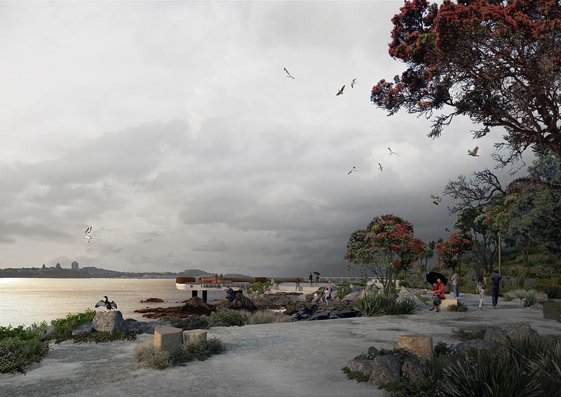 Press kit | 3979-01 - Press release | Te Ara Tukutuku - A Vision for a New Headland Open Space for Auckland, New Zealand - LandLAB + SCAPE - Urban Design - Pōhutukawa - Coastal Walk Zone. A resilient coastal edge that encourages exploration through a diverse seashore habitat. - Photo credit: LandLAB