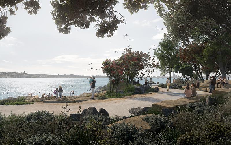 Press kit | 3979-01 - Press release | Te Ara Tukutuku - A Vision for a New Headland Open Space for Auckland, New Zealand - LandLAB + SCAPE - Urban Design - Te Āwhiowhio - The Coves. A series of sheltered coves create a soft and natural harbour edge. The coves enable access down to the water and opportunities to dip toes in the sea.<br> - Photo credit: LandLAB