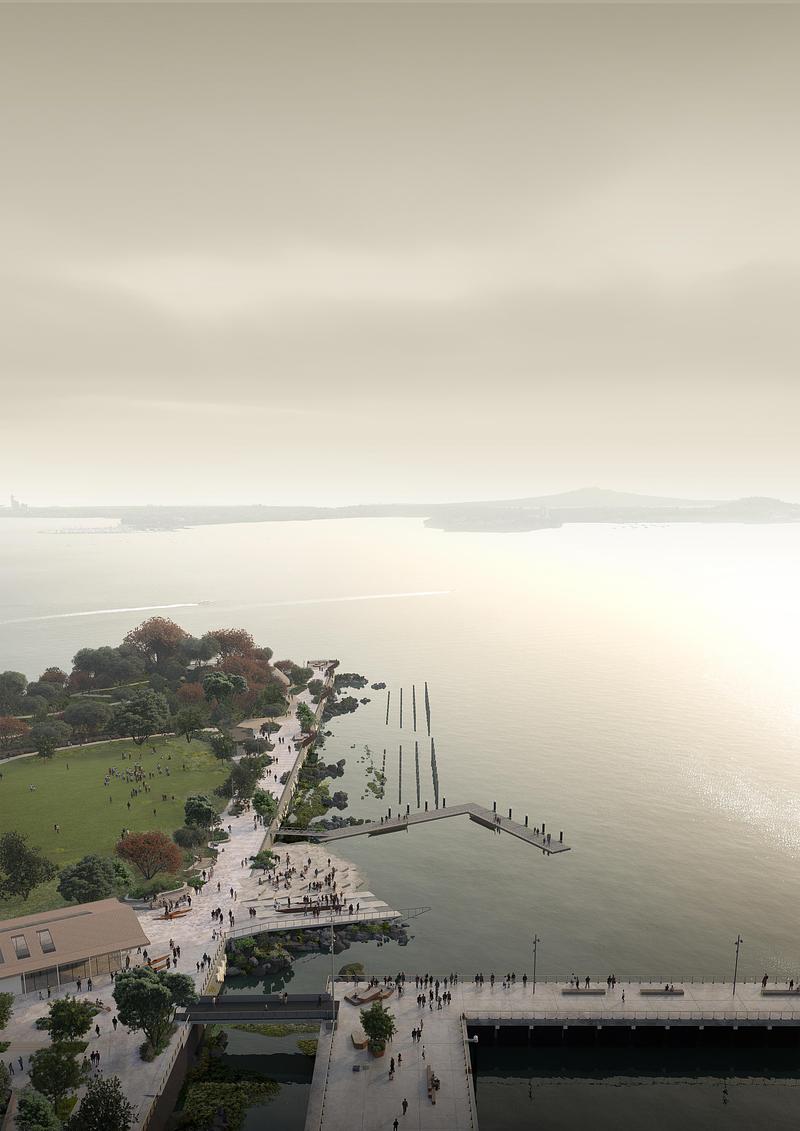 Press kit | 3979-01 - Press release | Te Ara Tukutuku - A Vision for a New Headland Open Space for Auckland, New Zealand - LandLAB + SCAPE - Urban Design - Te Mata - Marine Restoration Zone. Leads us all on a journey of discovery, to reveal regenerating coastal edge ecologies and marine environments. The presence of many waka active at this harbour’s edge will attract locals and visitors alike. Through careful removal of parts of the wharf and retention of the wharf piles, a marine restoration zone is established.<br> - Photo credit: LandLAB