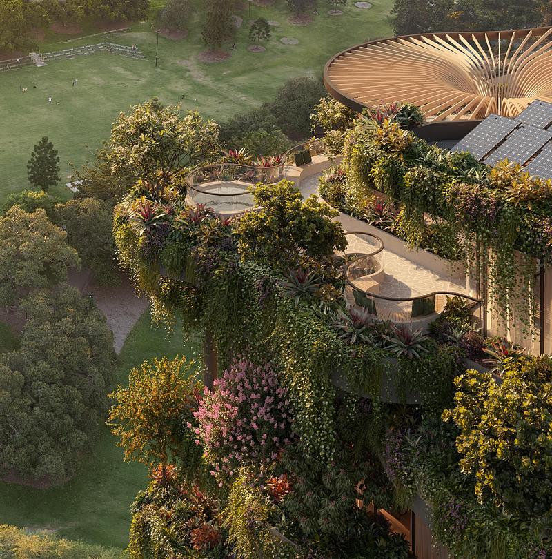 Dossier de presse | 4101-02 - Communiqué de presse | Koichi Takada Launches New Book ‘Naturalizing Architecture’ - Koichi Takada Architects - Édition - Urban Forest (Brisbane, Australia) designed for Aria Property Group. - Crédit photo :  CGI by Binyan 