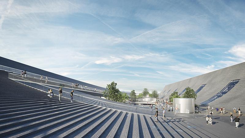 Press kit | 7717-01 - Press release | Brise-Vent Havre Harbor Museum - LYT-X Studio - Institutional Architecture -  Plaza courtyard view, conceived as the civic heart of the project and a connector between city, museum, and waterfront. - Photo credit: LYT-X Studio