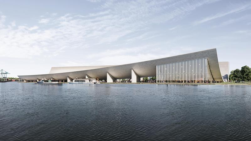 Press kit | 7717-01 - Press release | Brise-Vent Havre Harbor Museum - LYT-X Studio - Institutional Architecture - The extended curved roof canopy forms a continuous public edge above the waterfront dock and outdoor gathering spaces. - Photo credit: LYT-X Studio
