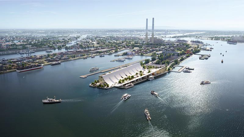 Press kit | 7717-01 - Press release | Brise-Vent Havre Harbor Museum - LYT-X Studio - Institutional Architecture -  Aerial view from the harbor entrance, situating the museum within the broader urban and maritime context of Le Havre.<br style="">  - Photo credit:  LYT-X Studio 