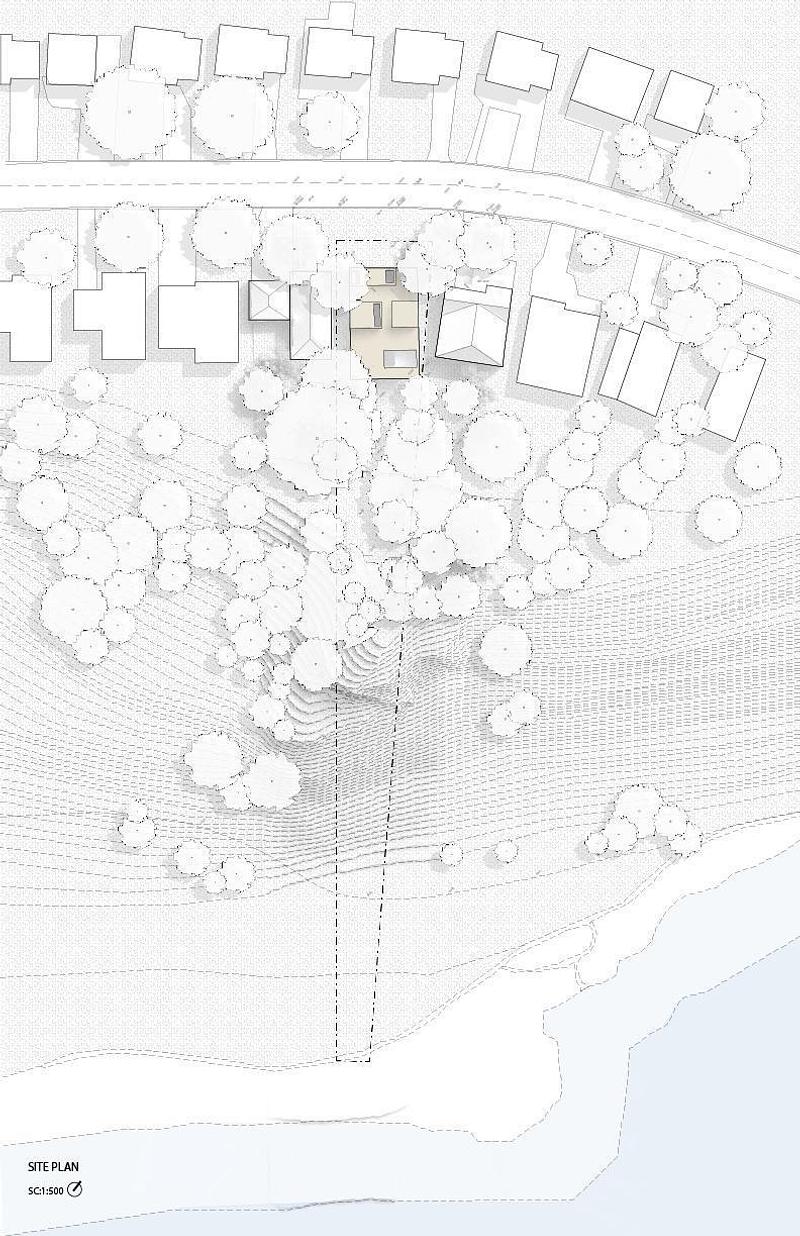 Press kit | 2682-02 - Press release | House of Monitors - Williamson Williamson Inc. - Residential Architecture - <p class="">Dotted lines show the extent of the site down to the water. The Toronto Conservation Authority allows building on a small area at the top of the bluff.</p> - Photo credit: WWInc.