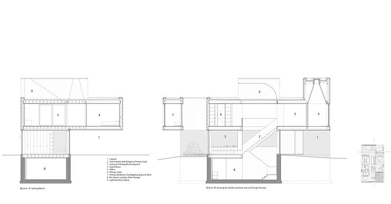 Press kit | 2682-02 - Press release | House of Monitors - Williamson Williamson Inc. - Residential Architecture - Building sections showing the light monitors and cantilevers. - Photo credit: WWInc.