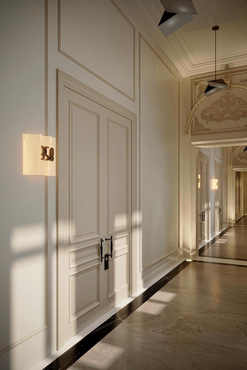 Dossier de presse | 7806-01 - Communiqué de presse | Sofitel Bucharest: Contemporary French Luxury Within a Historic Neo-Classical Setting - Ran & Morris Creative Partnership - Design d’intérieur commercial - Hotel corridors - Crédit photo : MOD Studio