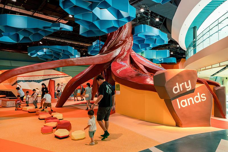 Dossier de presse | 1089-12 - Communiqué de presse | Moment Factory donne vie à Curiosity Cove, le plus grand espace de jeux intérieur inspiré de la nature à Singapour, situé au Mandai Wildlife Reserve - Moment Factory - Design multimédia -   Terres arides, racines ancestrales  - Crédit photo :   Curiosity Cove au Mandai Wildlife Reserve, Moment Factory  