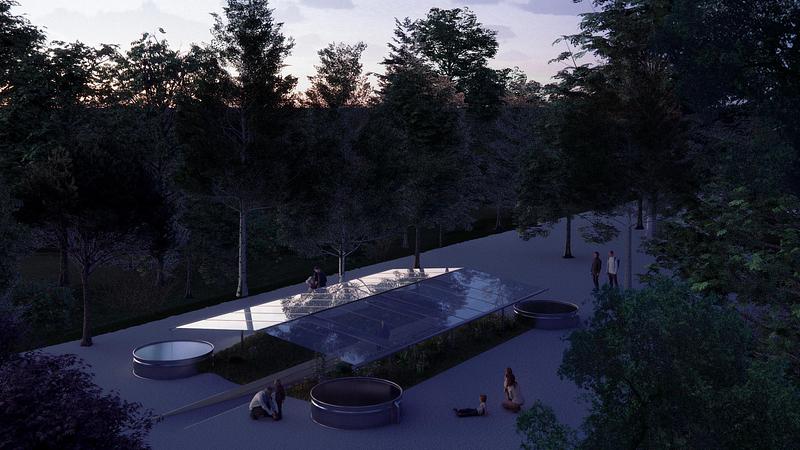 Press kit | 837-54 - Press release | The International Garden Festival Unveils the Projects Selected for its 27th Edition, Under the Theme 'Mapping Sensitivity' - International Garden Festival | Reford Gardens - Landscape Architecture - <p> Worm's Eye (aerial view, at dusk)</p><p>Ellen Harris | États-Unis </p> - Photo credit: Ellen Harris