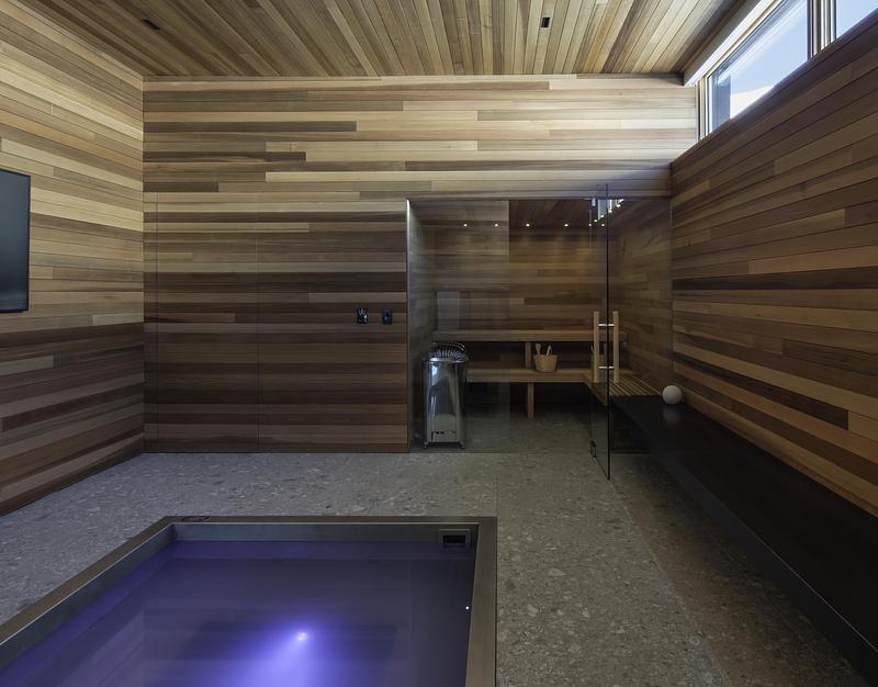 Press kit | 2757-60 - Press release | A Carefully-Crafted Winter Retreat by Sparano + Mooney Architecture Is Inspired by the Japanese Art of Kirigami - Sparano + Mooney Architecture - Residential Architecture - The onsen-area walls and ceilings utilize cedar for the wood’s aroma and aesthetics, and stone tile for the floors. - Photo credit: Matt Winquist