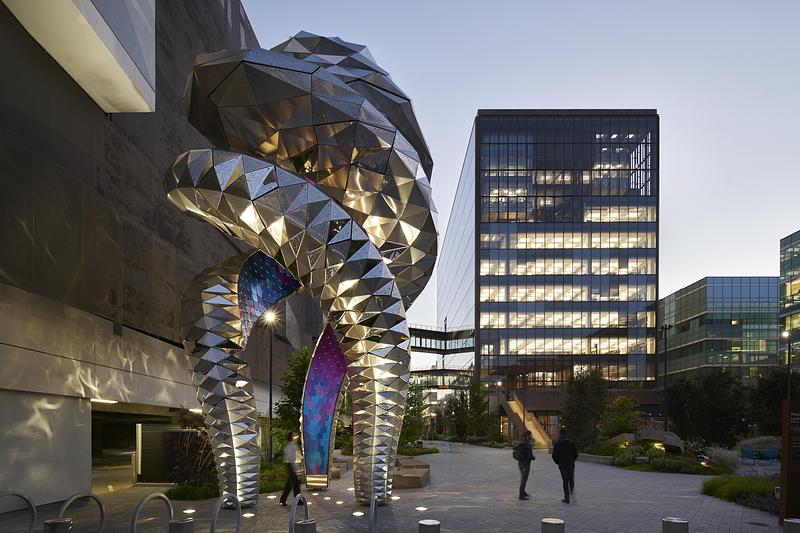 Press kit | 2757-61 - Press release | Defining a New Urban Experience Through the Lens of Digital Craft - FUTUREFORMS - Urban Design - The faceted exterior is cloaked in a constellation of fine perforations, while the fluid interior reveals a tactile surface of colorful shingles. By night, these layers become a lantern of diffused light, casting an ethereal glow. - Photo credit: Matthew Millman