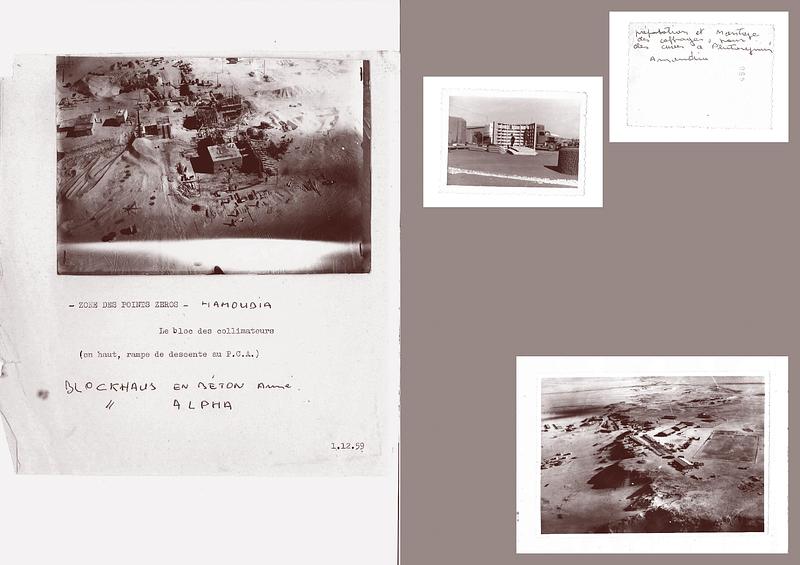 Press kit | 748-54 - Press release | UQAM’s Centre de design Presents "Toxicité coloniale : Architecture et paysage radioactifs français dans le Sahara" - Centre de design de l'UQAM - Event + Exhibition -  Excerpts from Samia Henni's book Colonial Toxicity: Rehearsing French Radioactive Architecture and Landscape in the Sahara (Amsterdam: If I Can’t Dance and Framer Framed; Zurich: edition fink, 2024, 2025), pages 124–125.<br style=""><p>Left page: Photographs by an unknown author (a former French veteran) provided by Mr. A. and Mr. G. The images illustrate the construction of the Reggane plateau, 1959–1960. © Mr. A. and Mr. G. </p><p>Right page: Photographs by an unknown author (a former French veteran) showing the construction of Hamoudia, 1959.</p>  - Photo credit: Courtesy of the Observatoire des armements (https://www.obsarm.info/).