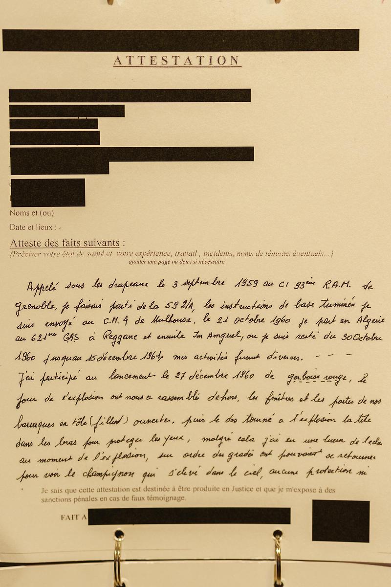 Press kit | 748-54 - Press release | UQAM’s Centre de design Presents "Toxicité coloniale : Architecture et paysage radioactifs français dans le Sahara" - Centre de design de l'UQAM - Event + Exhibition -  <p>Scan of original testimony of Marcel M, collected by the Observatoire des Armements in collaboration with the Association of the Veterans of the French Nuclear Tests and their families. To protect the privacy of the witnesses, identifying information has been redacted.</p>  - Photo credit: Courtesy of the Observatoire des armements (www.obsarm.org).