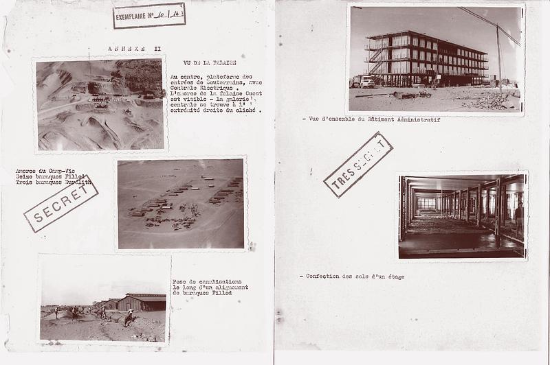 Press kit | 748-54 - Press release | UQAM’s Centre de design Presents "Toxicité coloniale : Architecture et paysage radioactifs français dans le Sahara" - Centre de design de l'UQAM - Event + Exhibition - Excerpts from Samia Henni's book Colonial Toxicity: Rehearsing French Radioactive Architecture and Landscape in the Sahara (Amsterdam: If I Can’t Dance and Framer Framed; Zurich: edition fink, 2024, 2025), pages 126-127.<br style="">Photographs by an unknown author (a French veteran) provided by MA and MG. The images illustrate the construction of the Reggane plateau, 1959–1960. - Photo credit:  © MA and MG. Courtesy of the Observatoire des armements (https://www.obsarm.info/). 