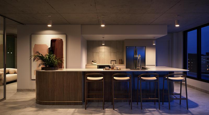 Dossier de presse | 1152-19 - Communiqué de presse | LumiGroup signe l’éclairage circadien de Bosco, un projet résidentiel locatif développé par PUR Immobilia à Montréal - LumiGroup - Design d’éclairage - Crédit photo : Common Ground Studios