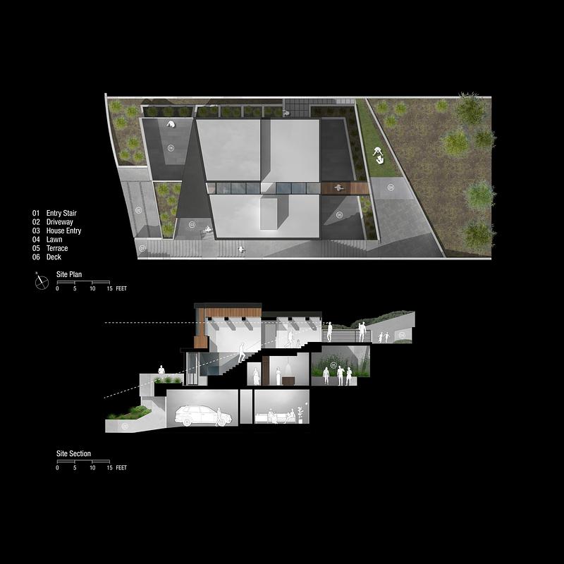Dossier de presse | 5795-10 - Communiqué de presse | Slot House - ANX / Aaron Neubert Architects - Architecture résidentielle - Site Plan / Site Section - Crédit photo : ANX