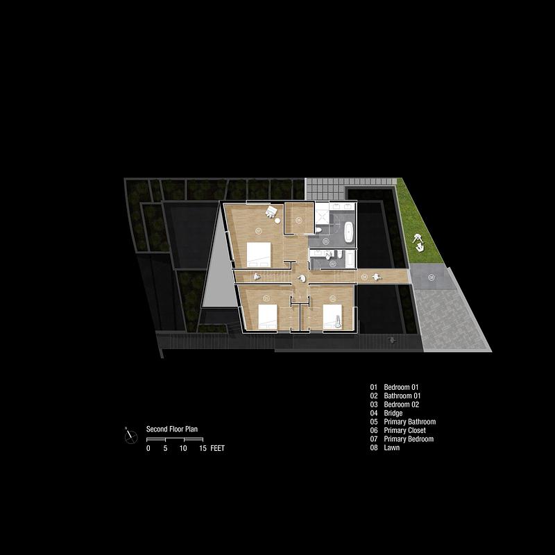 Dossier de presse | 5795-10 - Communiqué de presse | Slot House - ANX / Aaron Neubert Architects - Architecture résidentielle - Second Floor Plan - Crédit photo : ANX