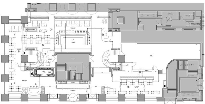 Dossier de presse | 3962-02 - Communiqué de presse | Cléo Katcho Design Architectural revisite la brasserie française en aménageant une nouvelle adresse Chez Lionel au centre-ville de Montréal - Cleo Katcho Design Architectural Inc. - Design d’intérieur commercial - PLAN DU REZ-DE-CHAUSSÉE - Crédit photo : Cleo Katcho Design Architectural Inc.