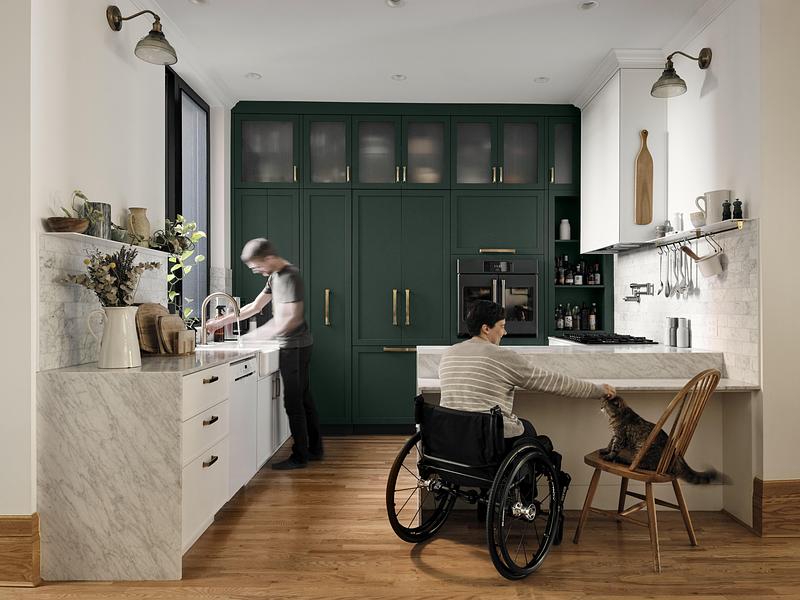 Press kit | 1676-11 - Press release | Living Differently,   without Compromise - ADHOC - Residential Architecture - The kitchen is organized around widened circulation paths and dual-height work surfaces adapted to both occupants. - Photo credit: Maxime Brouillet