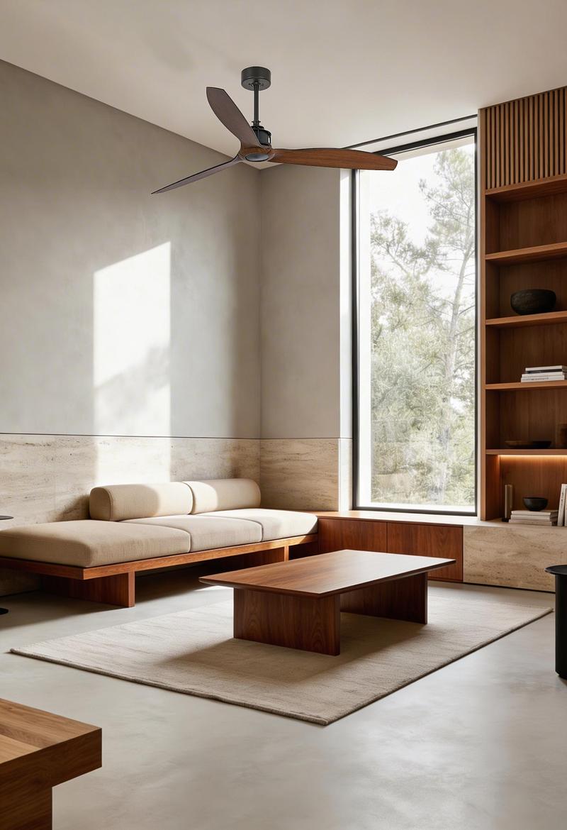 Dossier de presse | 1144-10 - Communiqué de presse | Designing the Air: Faro Barcelona Defines Modern Ventilation - Faro Barcelona - Produit - JUSTFAN is a modern, industrial-style ceiling fan featuring a steel motor, ABS blades, and a 6-speed reversible DC motor for energy efficiency. - Crédit photo : Faro Barcelona