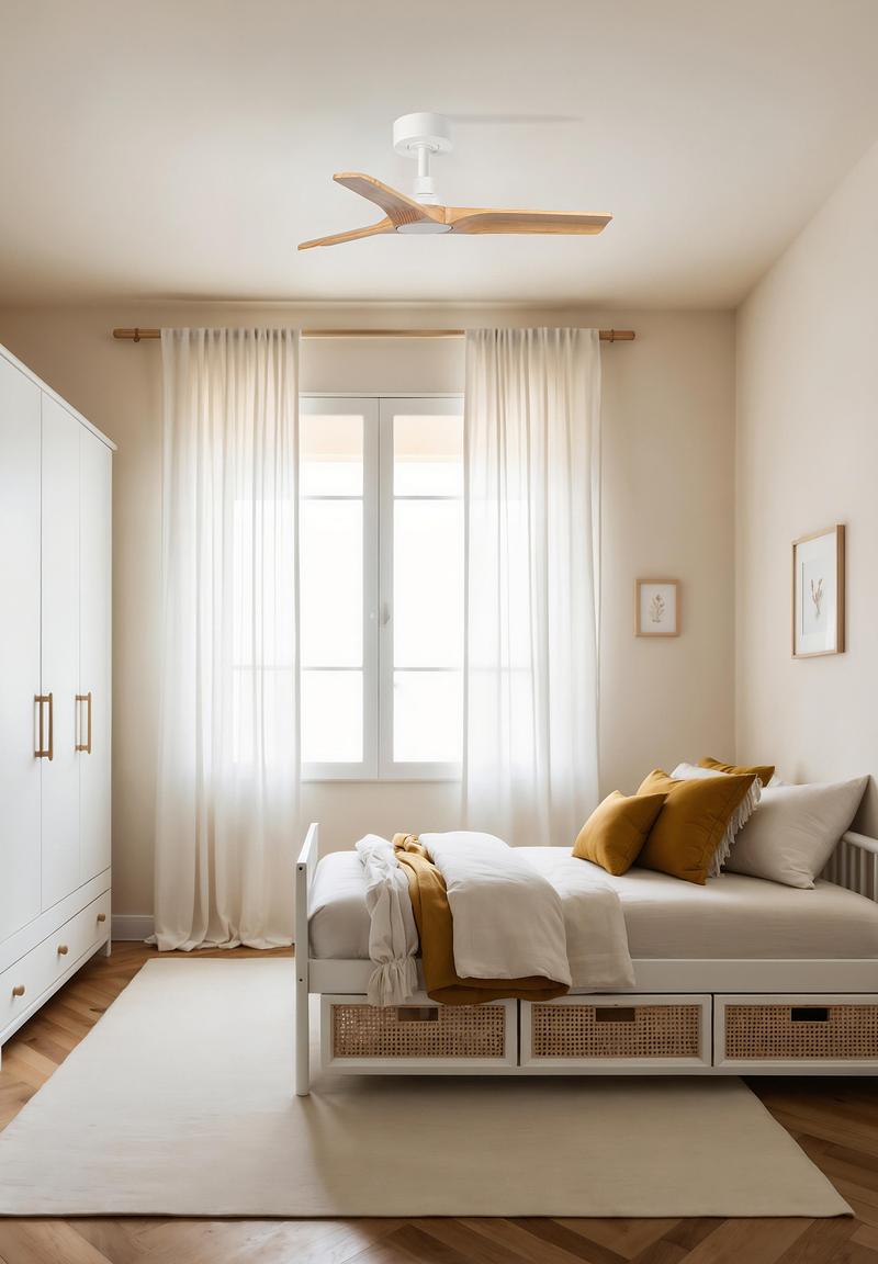 Dossier de presse | 1144-10 - Communiqué de presse | Designing the Air: Faro Barcelona Defines Modern Ventilation - Faro Barcelona - Produit - HEYWOOD, with FSC-certified wooden blades and a softened Scandinavian profile, brings biophilic sensibility into contemporary interiors - ideal for projects where natural materials and responsible sourcing are central to the design narrative. - Crédit photo : Faro Barcelona